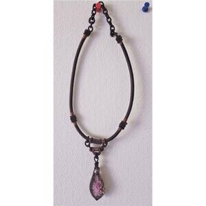 Artisan Dichroic Glass Pink Gold Amber Teardrop Pendant Necklace 18 Inches